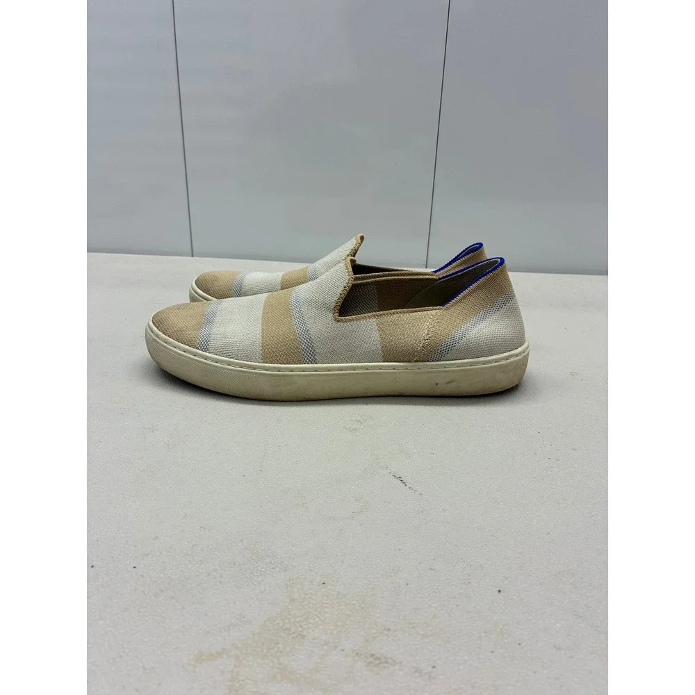 Rothys The Sneaker Womens 8.5 Sand White Striped Knit Slip On Flat Shoes